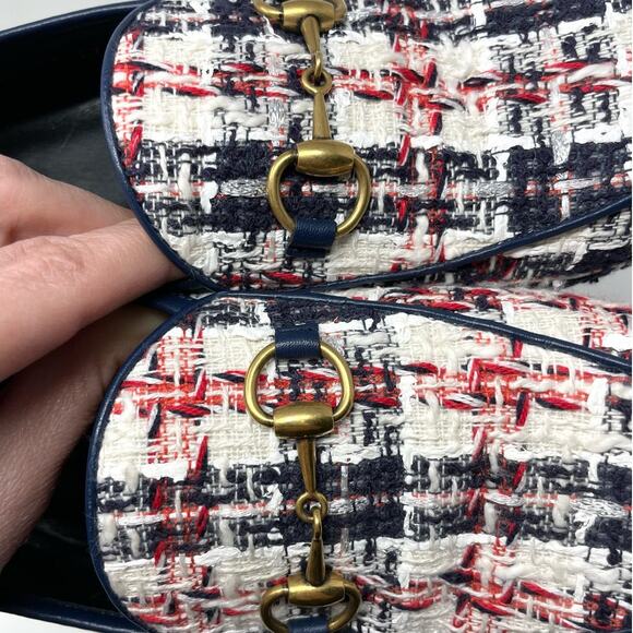 Gucci Jordaan Tweed Check Horsebit Flat Loafers Red White Blue Gold EU 37 - Picture 10 of 14